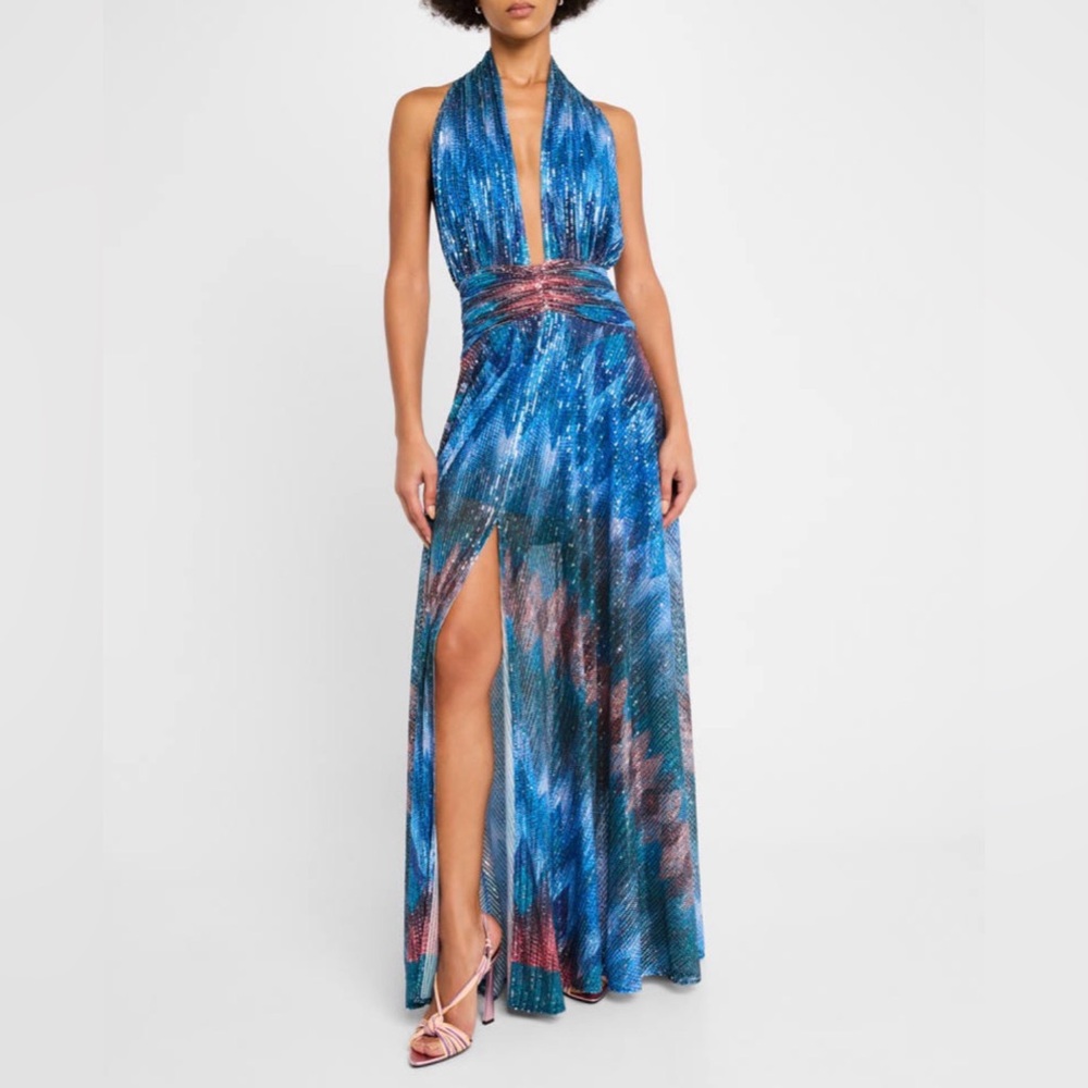 NWT! Ramy Brook Reyna Chevron Sequin Maxi Dress size 6 blue purple pink